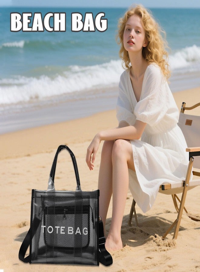WREWING Clear Tote Bag for Women, Large Mesh Beach Bag, PVC Clear Crossbody Bags with Zipper, Stadium Bag for Travel Sports (Black) - Image 2